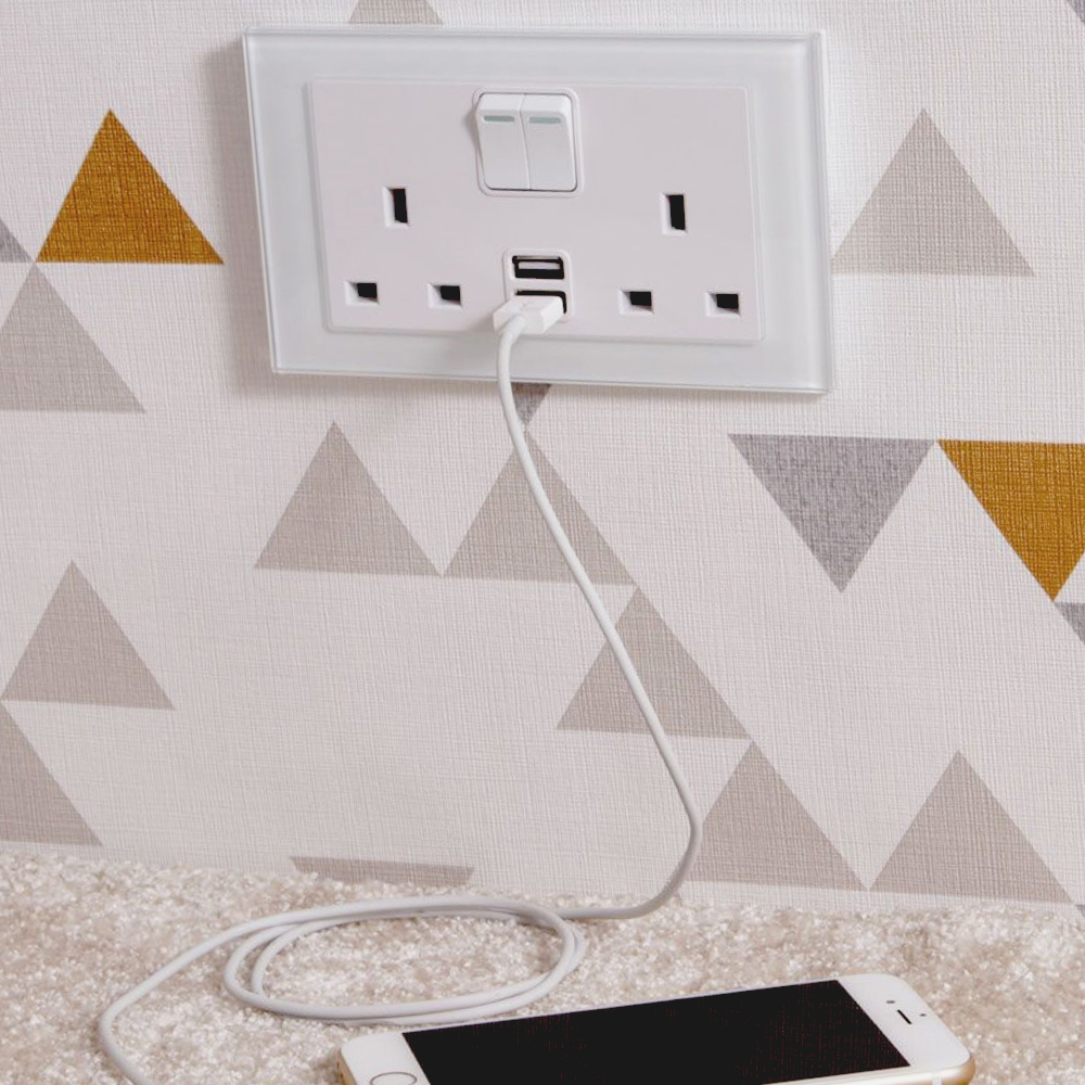 Crystal PG 2 1A USB 13A DP Double Plug Socket With Switch White RetroTouch Designer Light